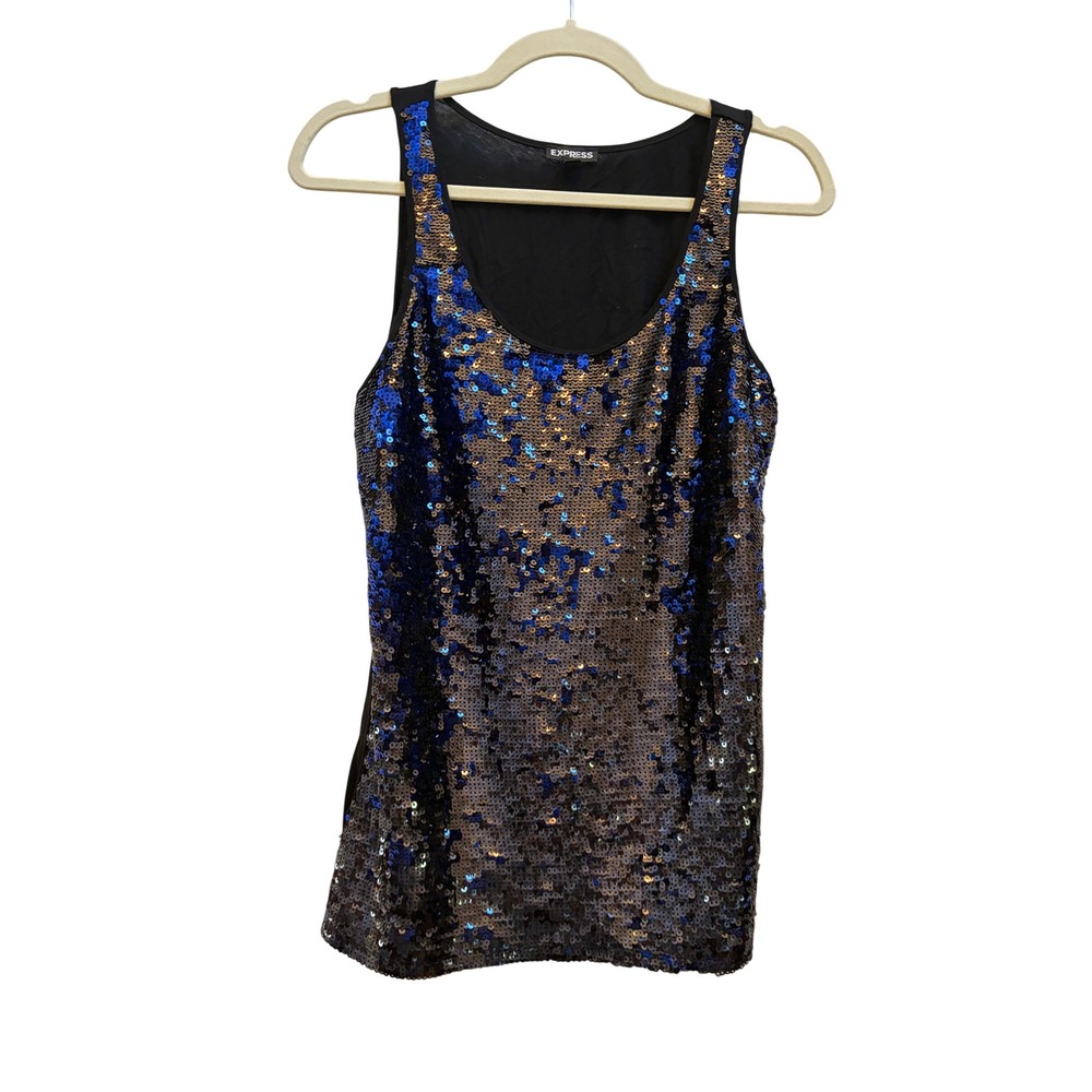 Express Womens Sequin Tank Top Blue Silver Ombre Going Out Party sz Small